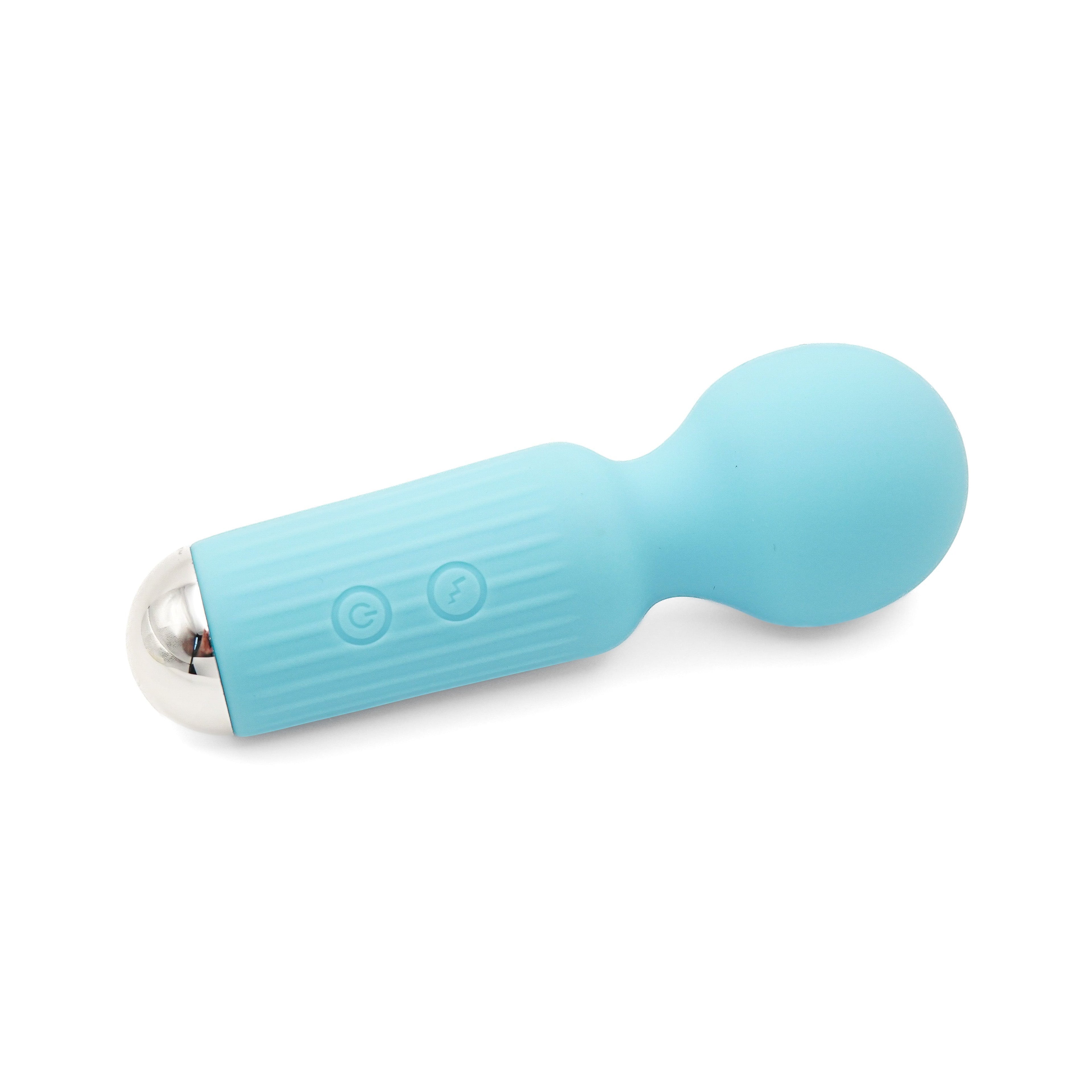Get Closa blue silicone mini wand vibrator with 20 vibration modes and silver base for external stimulation