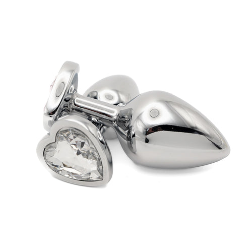 Get Closa chrome metal anal butt plug starter kit with heart-shaped crystal jewelled bases for temperature play