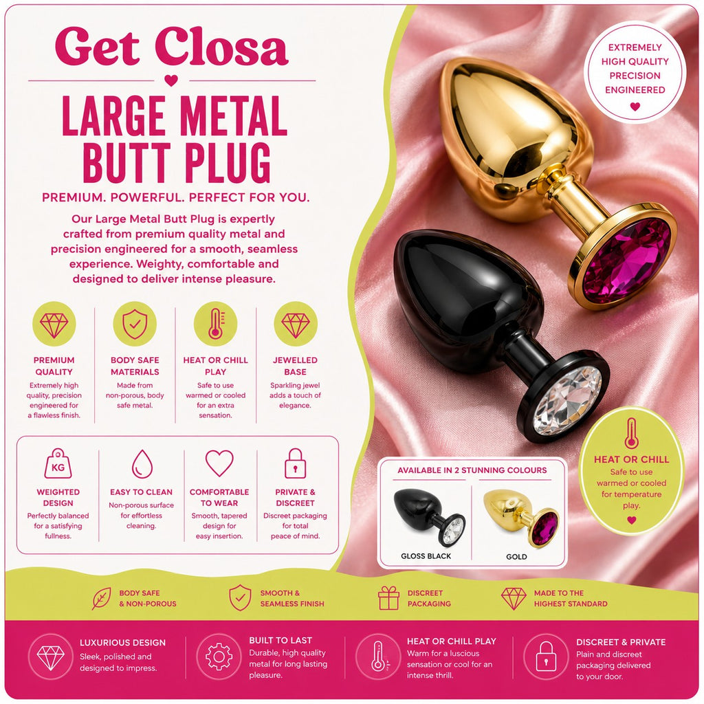 Get Closa large heart-shaped metal butt plugs in gold and gloss black with jewelled bases on a pink satin background.