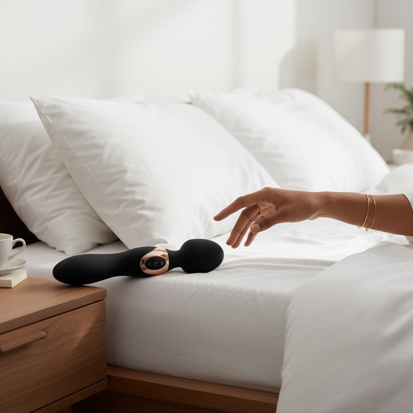 Get Closa Obsidian Deluxe wand vibrator in black with gold accents resting on a white bed sheet in a bedroom setting