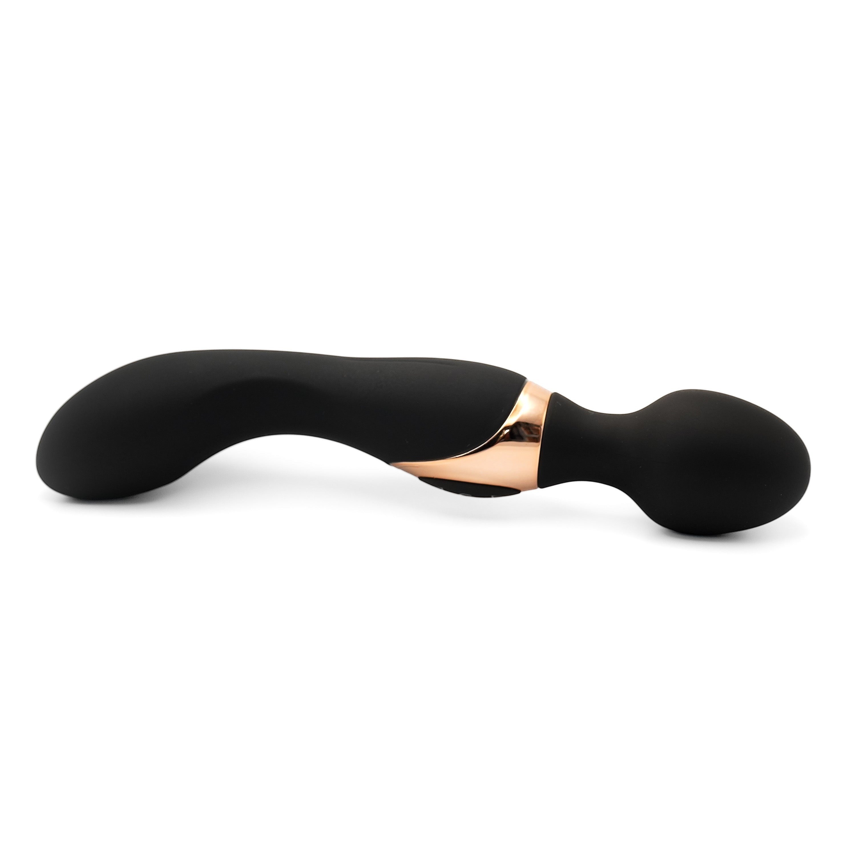 Get Closa Obsidian Deluxe Wand vibrator in matte black with elegant gold detailing and an ergonomic curved design.