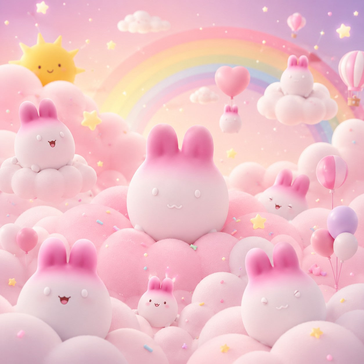 Get Closa pink gradient bunny vibrator in a whimsical dreamlike setting with clouds, rainbows, and stars