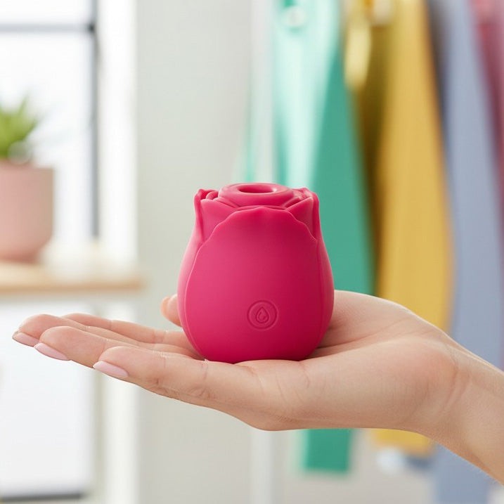 Get Closa rose-shaped clitoral massager in vibrant pink silicone held in a palm, featuring air suction technology.