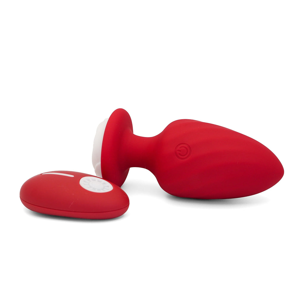Get Closa red silicone vibrating butt plug with wireless remote control and ergonomic flared base design.